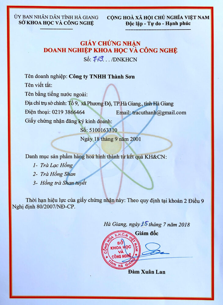 Giấy chứng nhận khoa học và công nghệ