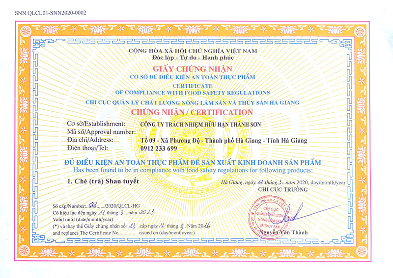 Chứng nhận vệ sinh an toàn thực phẩm