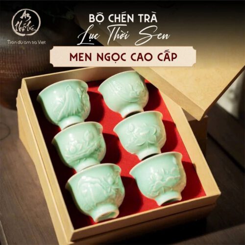 Bộ 6 chén trà Lục Thời Sen men ngọc trong hộp quà - An Thổ Túc