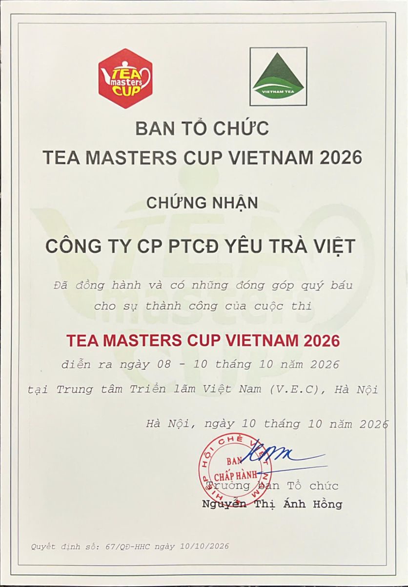 Chứng nhận Ban Tổ chức Tea Masters Cup Vietnam 2026 trao Yêu Trà Việt